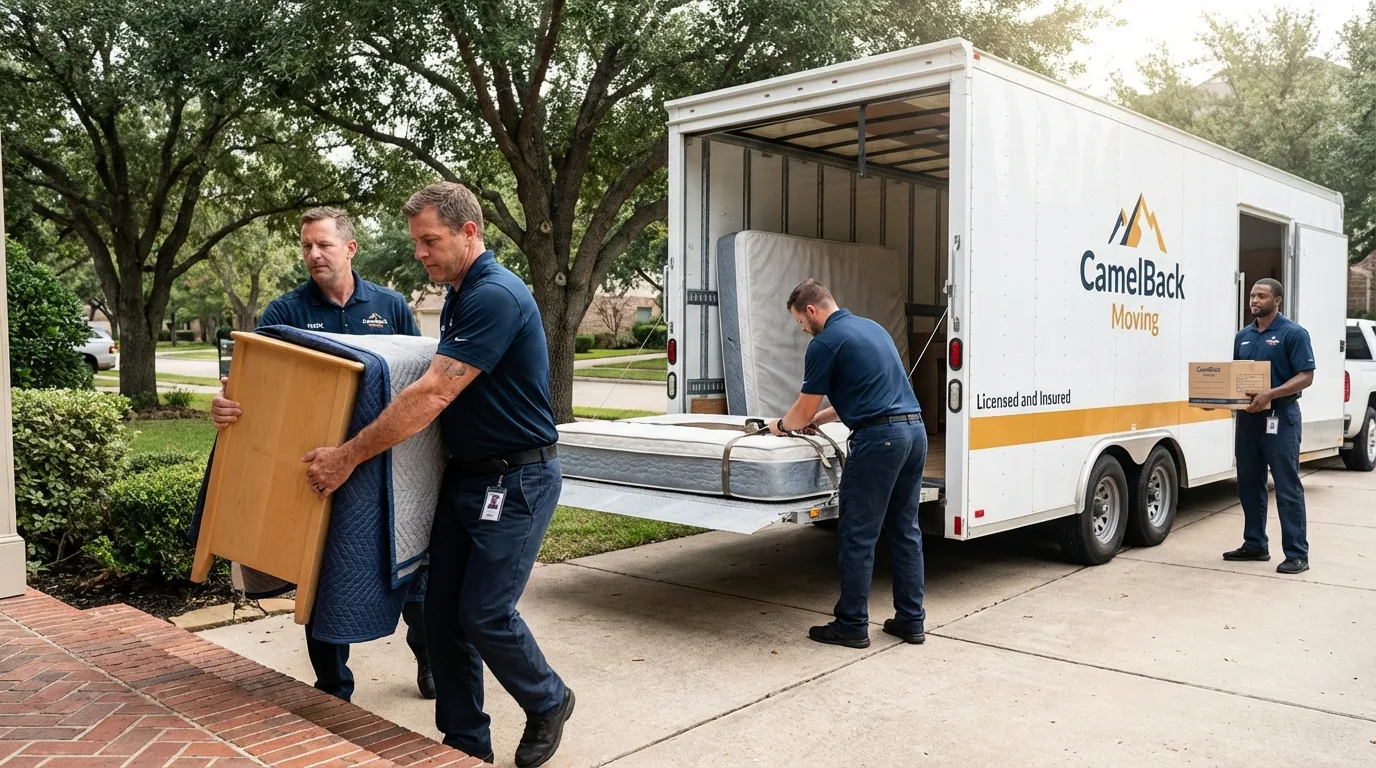 Crew loading residential truck for cross-state move from Nashville, IN