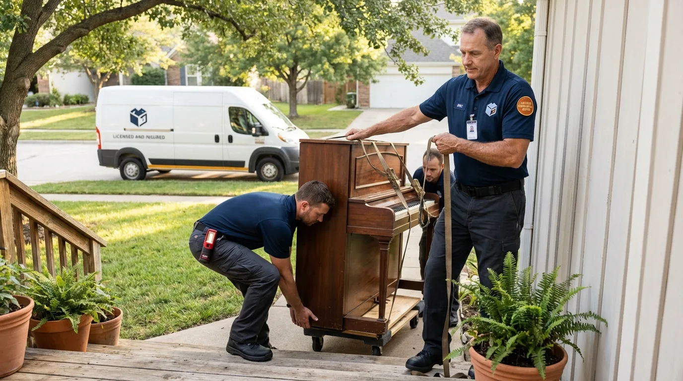 Licensed piano movers securing grand piano in Nashville, IN