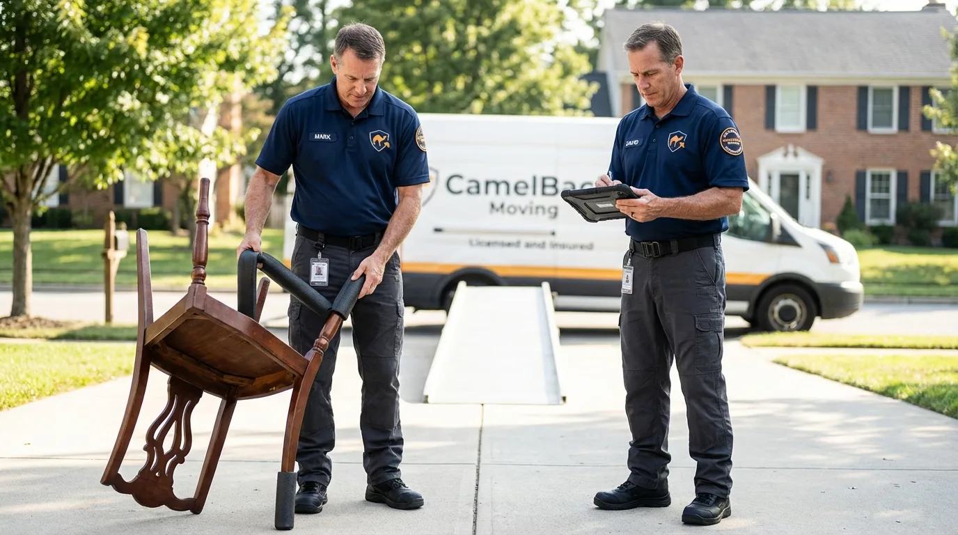 Movers inspecting furniture for damage prevention before loading in Nashville, IN