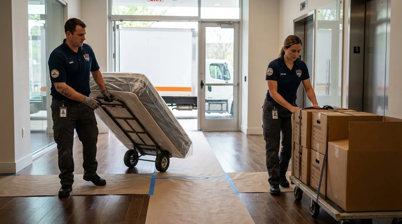 Professional apartment movers loading elevator in Nashville, IN