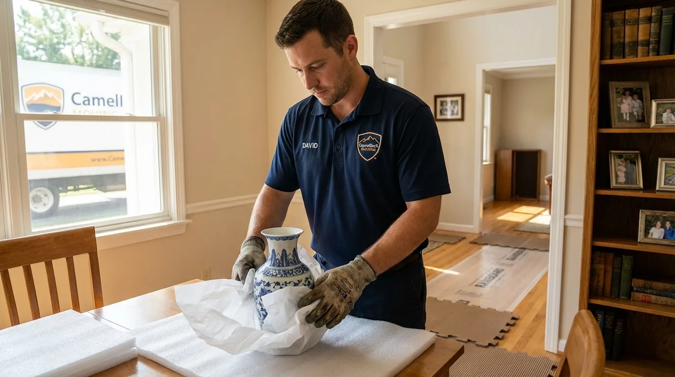 Professional crew carefully wrapping antique vase for senior downsizing move in Nashville, IN